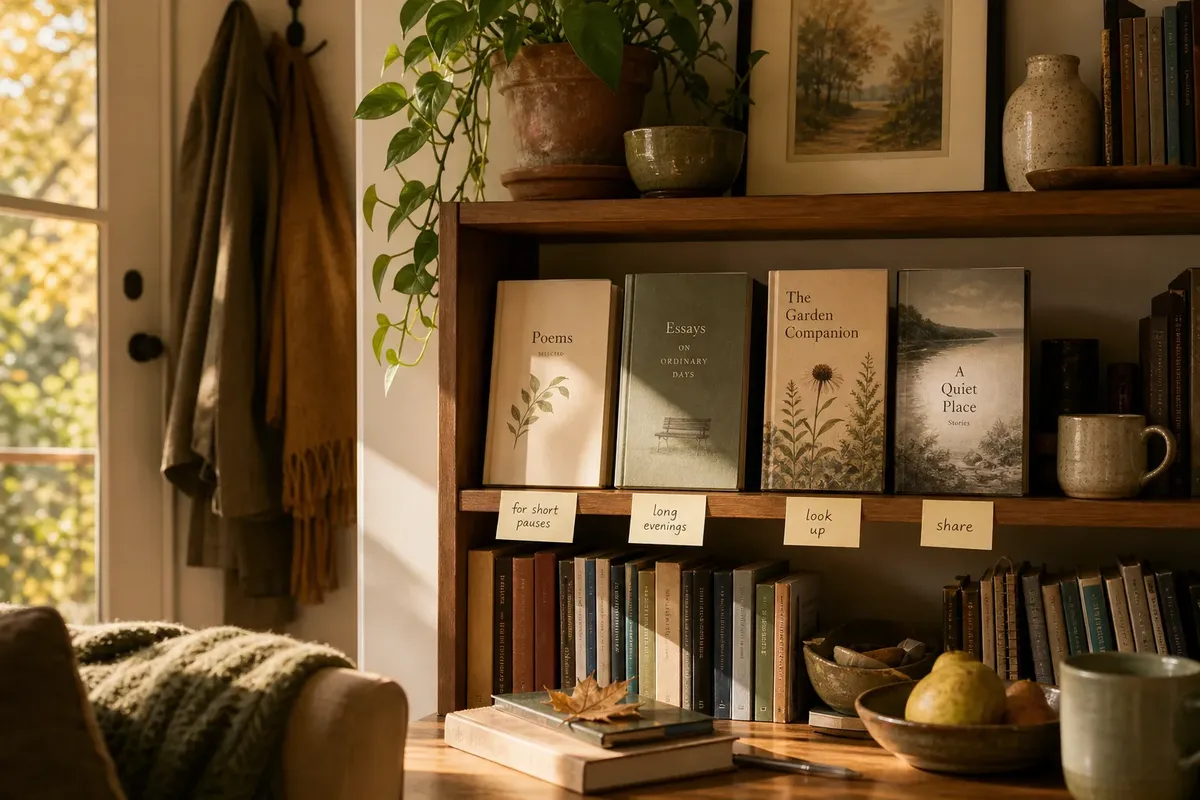 Wooden bookshelf filled with books and plants in warm sunlight beside a cozy corner with knit blanket and coat hanging