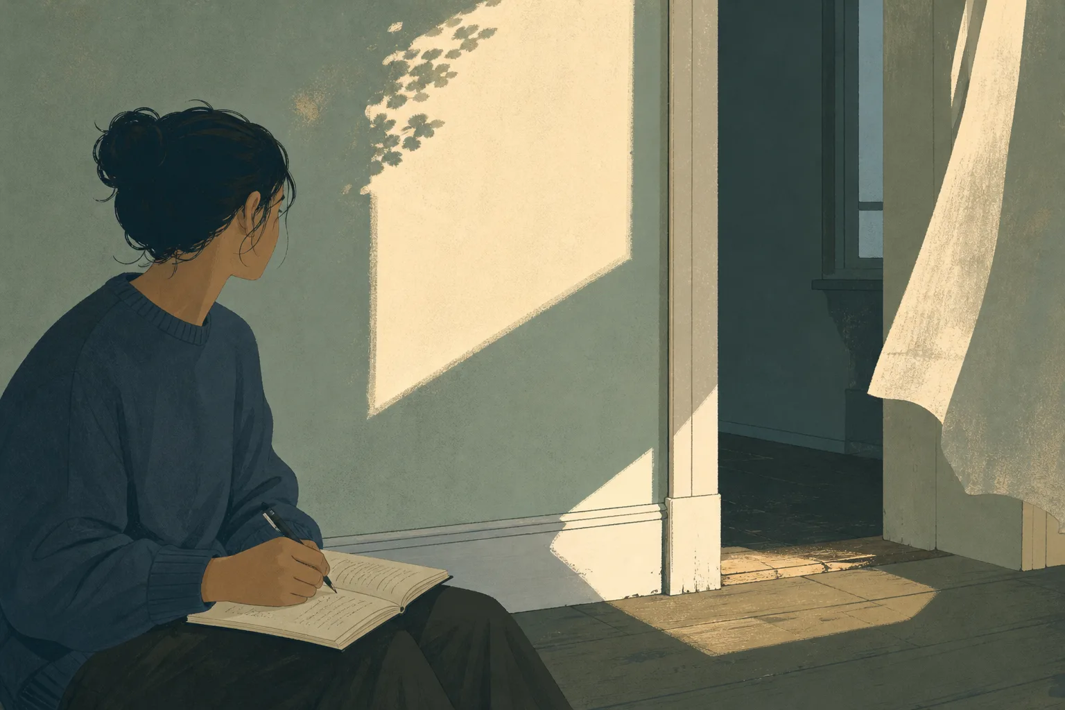 Person with dark hair in bun writing in a notebook near softly lit open doorway and flowing curtain