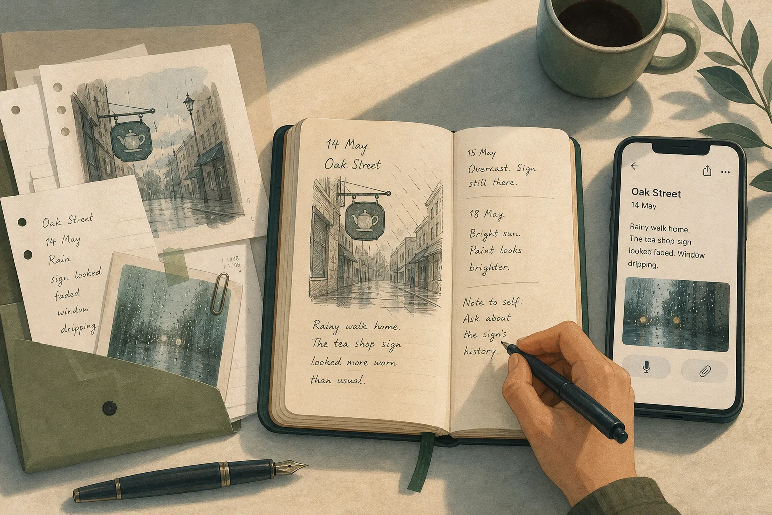 Person writing in an open notebook with handwritten notes and sketches beside a smartphone and a green cup of coffee