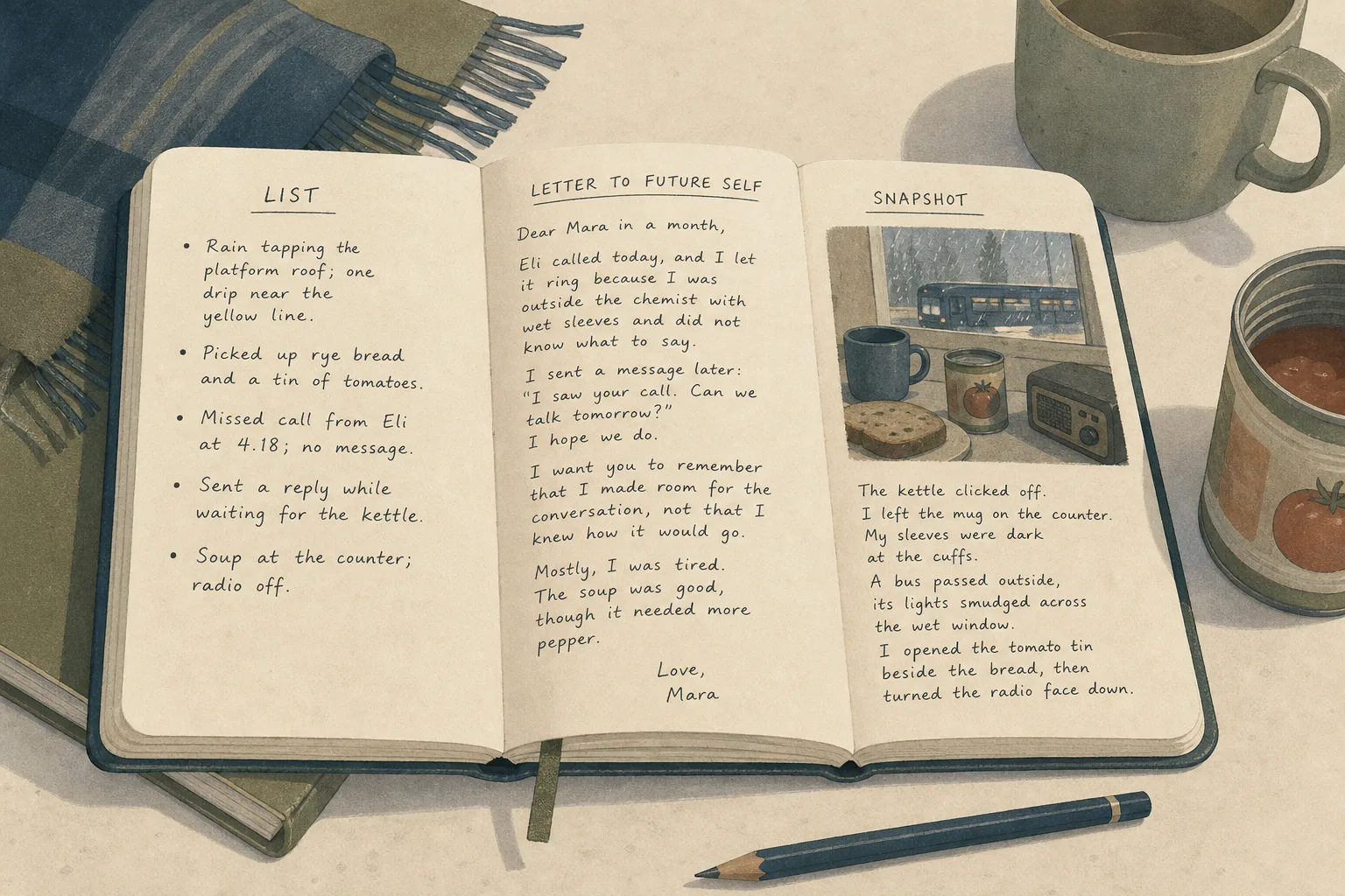 Open journal with handwritten list, letter, and snapshot entries on a table with a mug and a pencil