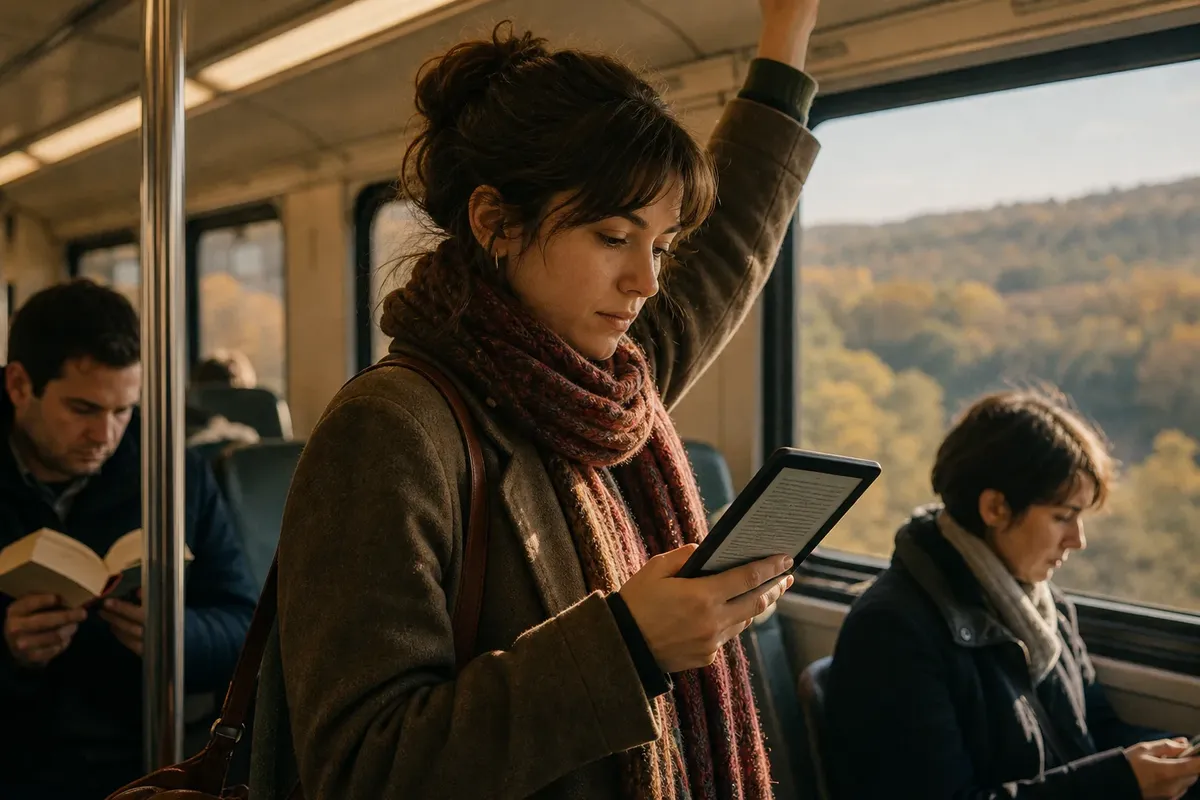 Young woman reading an e-reader on a train while standing near seated passengers reading books