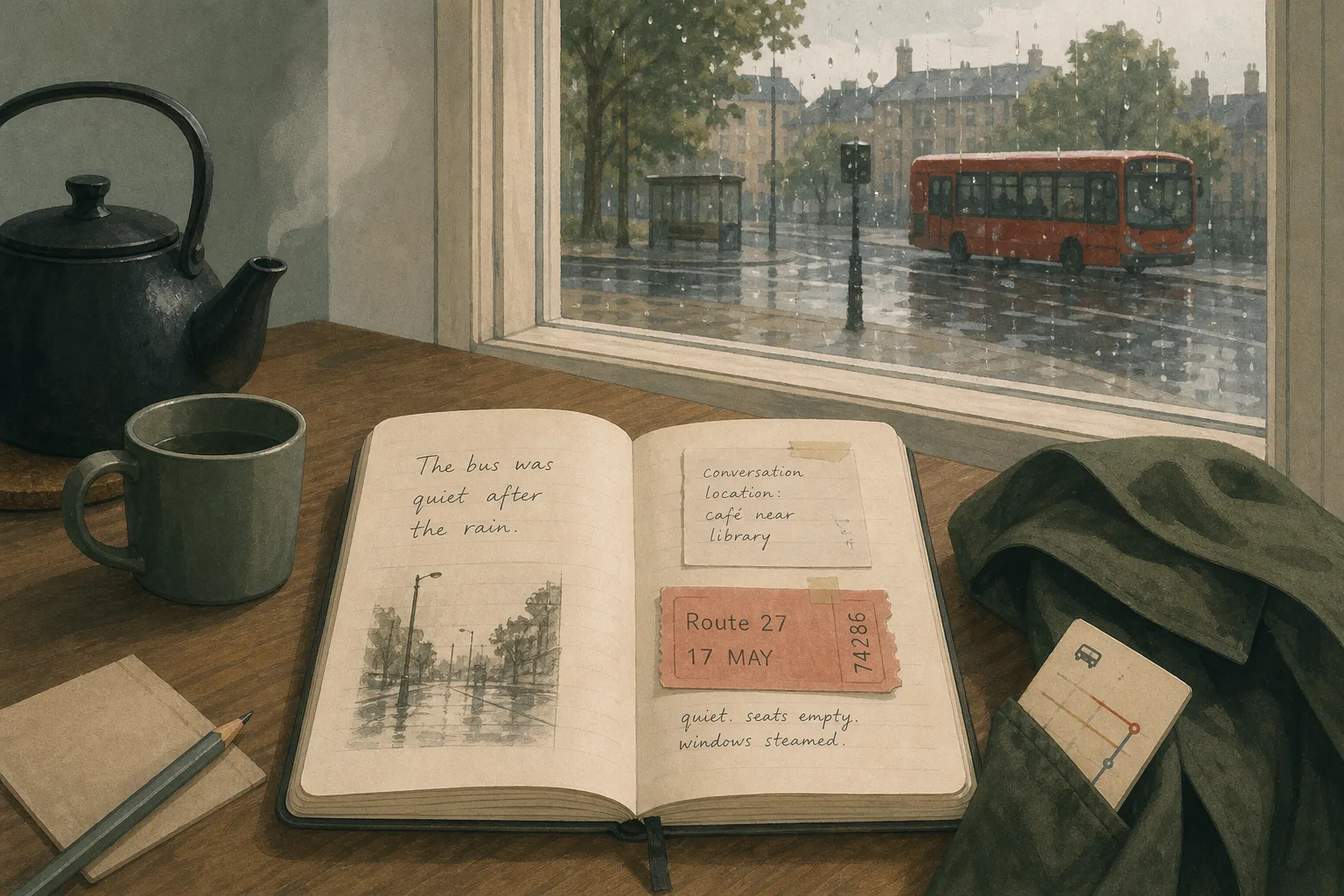 Open journal on wooden table with teapot, cup, rainy window showing red bus and urban buildings