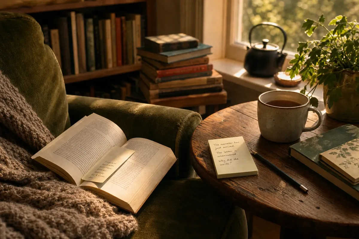 Cozy reading nook with an open book, handwritten notes, a cup of tea, and a potted plant by a sunlit window