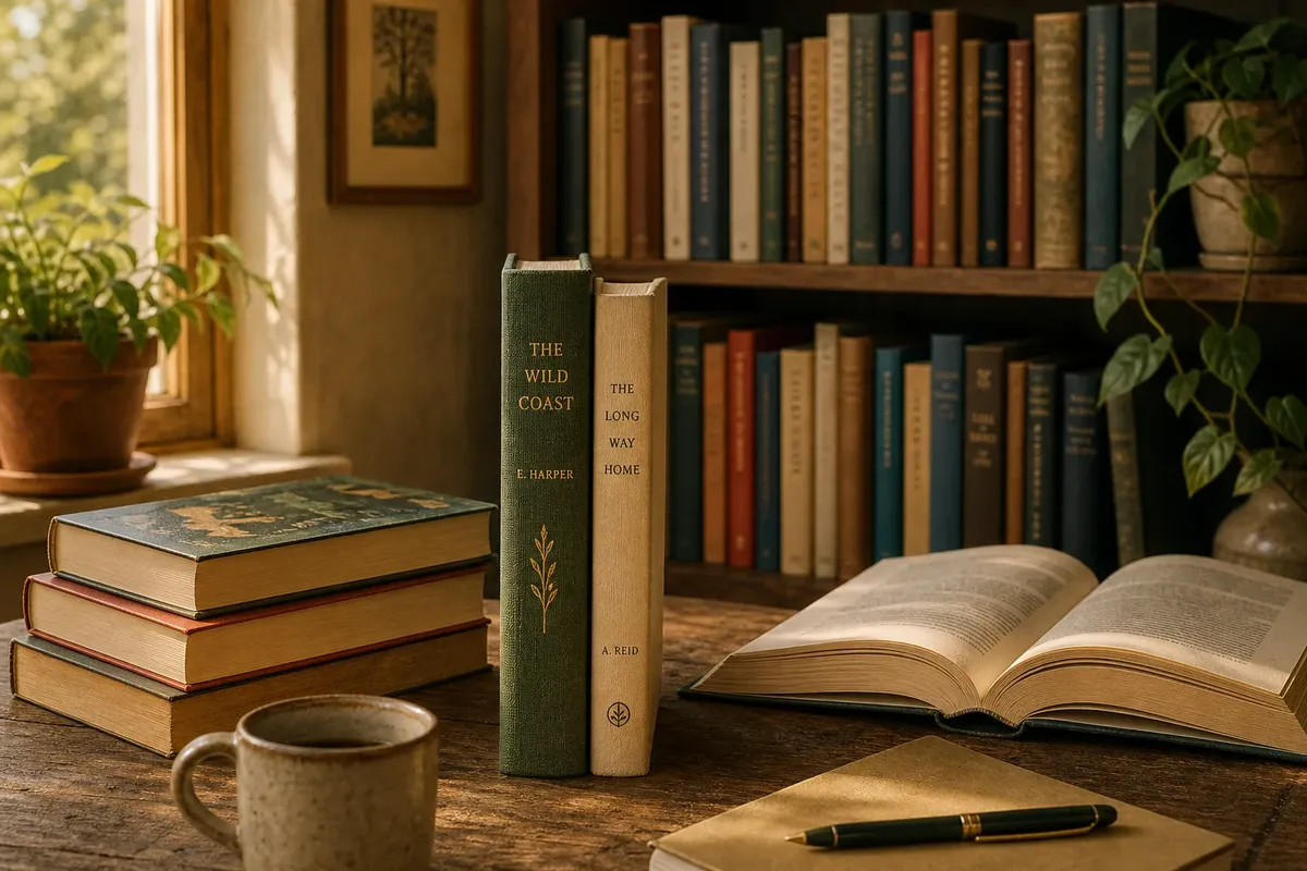 Cozy wooden desk with stacked and upright hardcover books near window with plants and open book under warm light