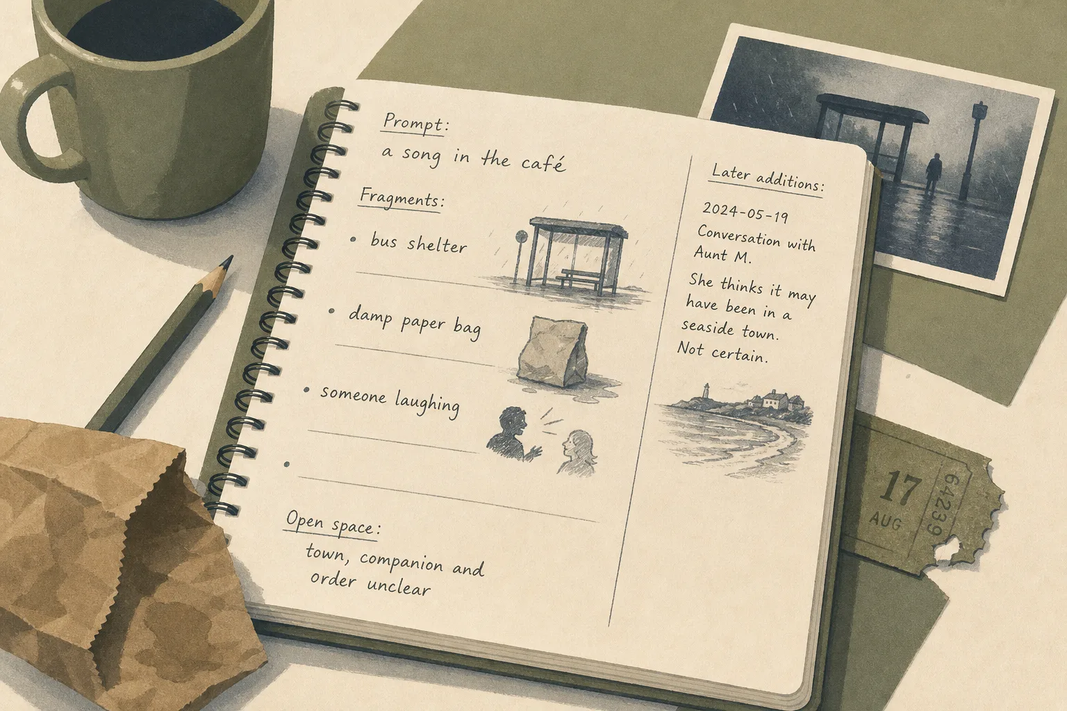 Notebook with sketches and handwritten notes about a rainy bus shelter and seaside town alongside coffee cup and torn paper bag on beige surface