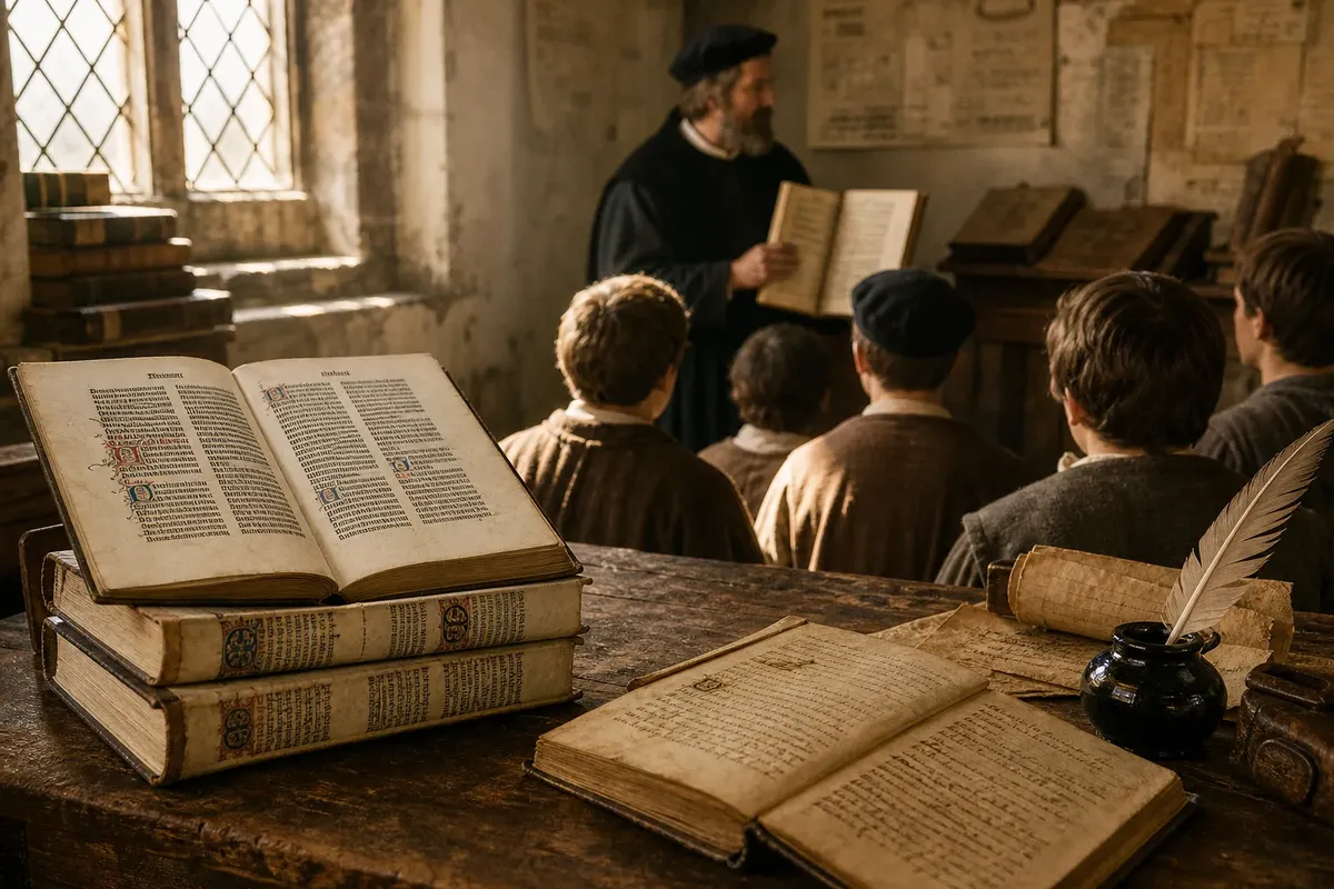 Students sitting in a dimly lit room listening to a man reading from an old book near wooden desk with ancient manuscripts